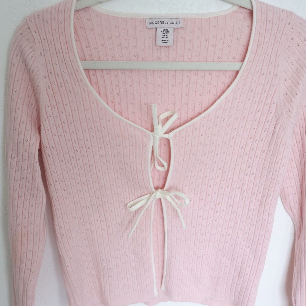 Sincerely Jules Light Pink Knit Pointelle Tie Front Sweater